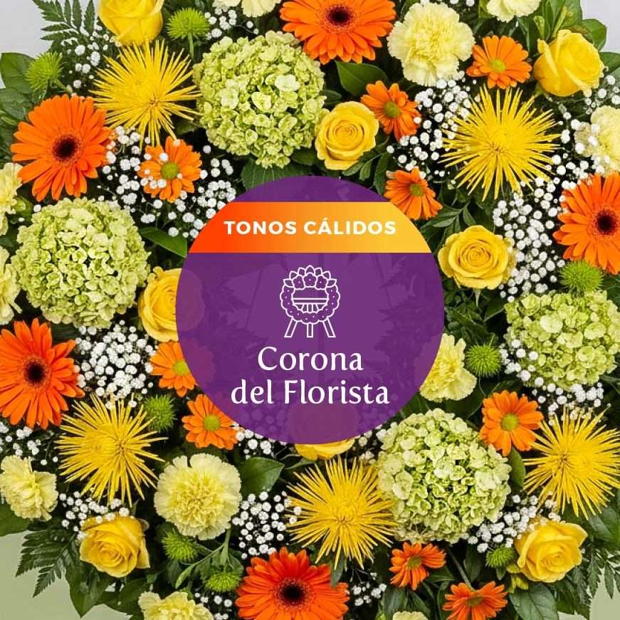 Comprar corona funeraria online de flores naturales amarillas y naranja para enviar a domicilio urgente a funeral en tanatorio de Madrid, Parla y Valdemoro