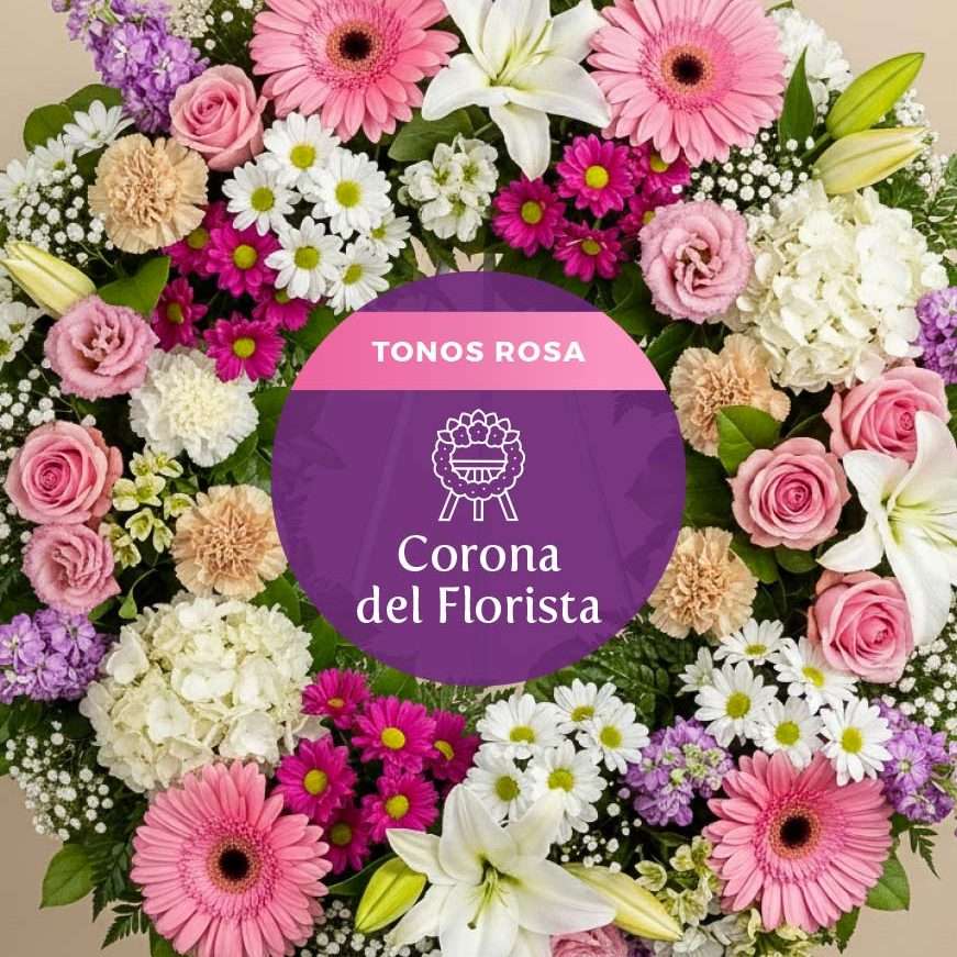 Comprar corona funeraria de flores color rosa para difuntos con envío a domicilio a tanatorios de Madrid y Parla