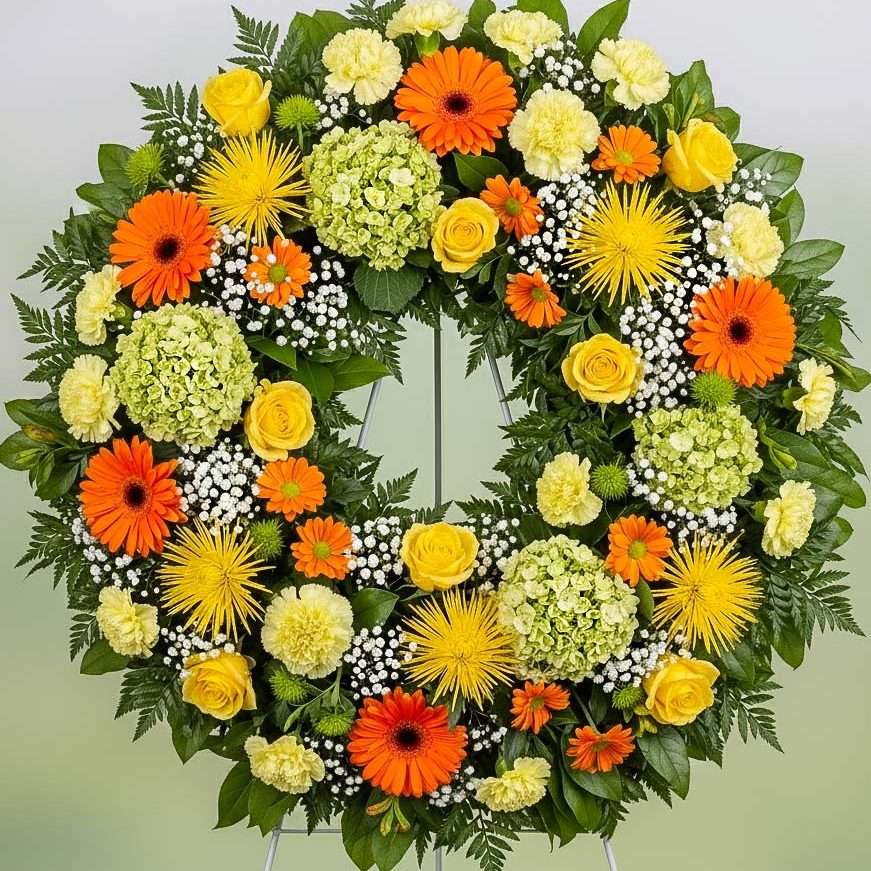 Enviar corona fúnebre de flores naturales y baratas amarillas y naranja para comprar en floristería online y con envío a domicilio urgente en tanatorios de Madrid, Parla y Valdemoro